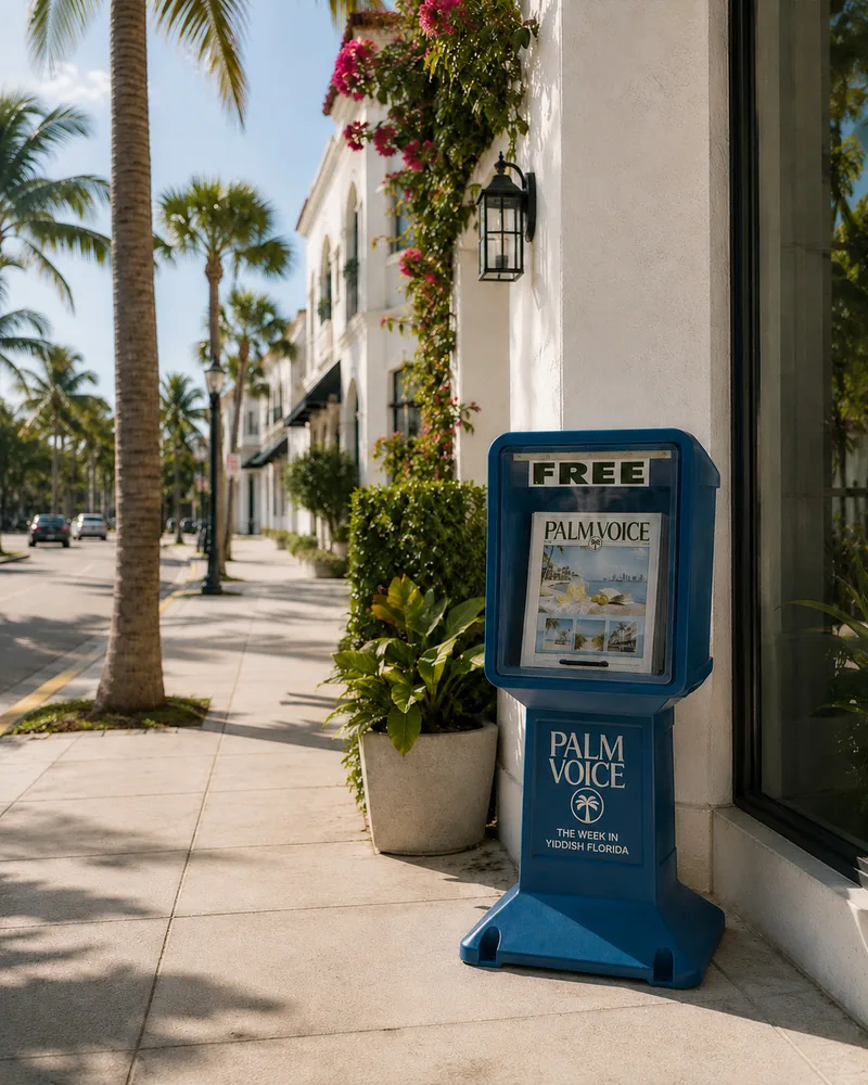 A blue Palm Voice box standing on a palm-lined Palm Beach sidewalk, marked FREE, with a copy of the paper in its window.